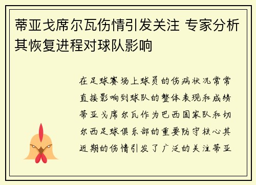 蒂亚戈席尔瓦伤情引发关注 专家分析其恢复进程对球队影响